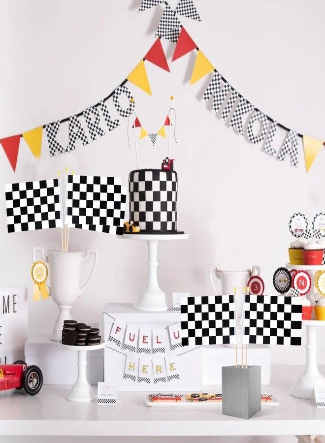Geodurn Pack of 20, Handheld Racing Checkered Flags 5x8 Inch - Small Black and White Flags on Wooden Sticks with Gold Spear Top, Mini Finish Line Flag for Racing Theme Party, Sports Events, and Decorations - Image 4